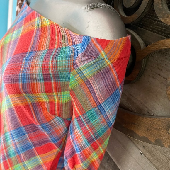 Ralph Lauren 90s y2k Plaid Off Shoulder Blouse Colorful Checkered Preppy - Picture 12 of 16